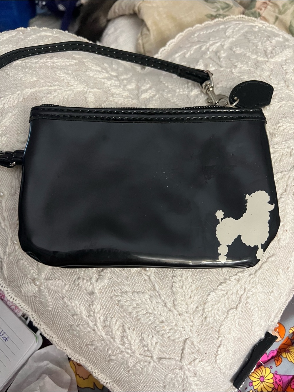 Black Small Wristlet Pouch with White Poodle Accent